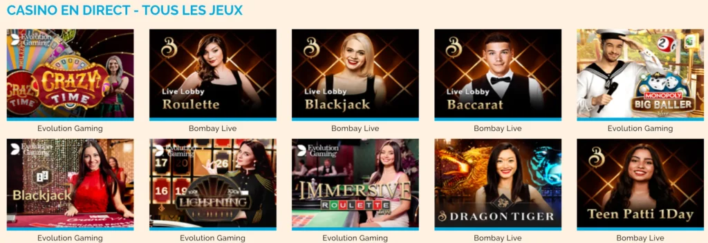 Sélection de jeux de casino en direct chez Arlequin Casino